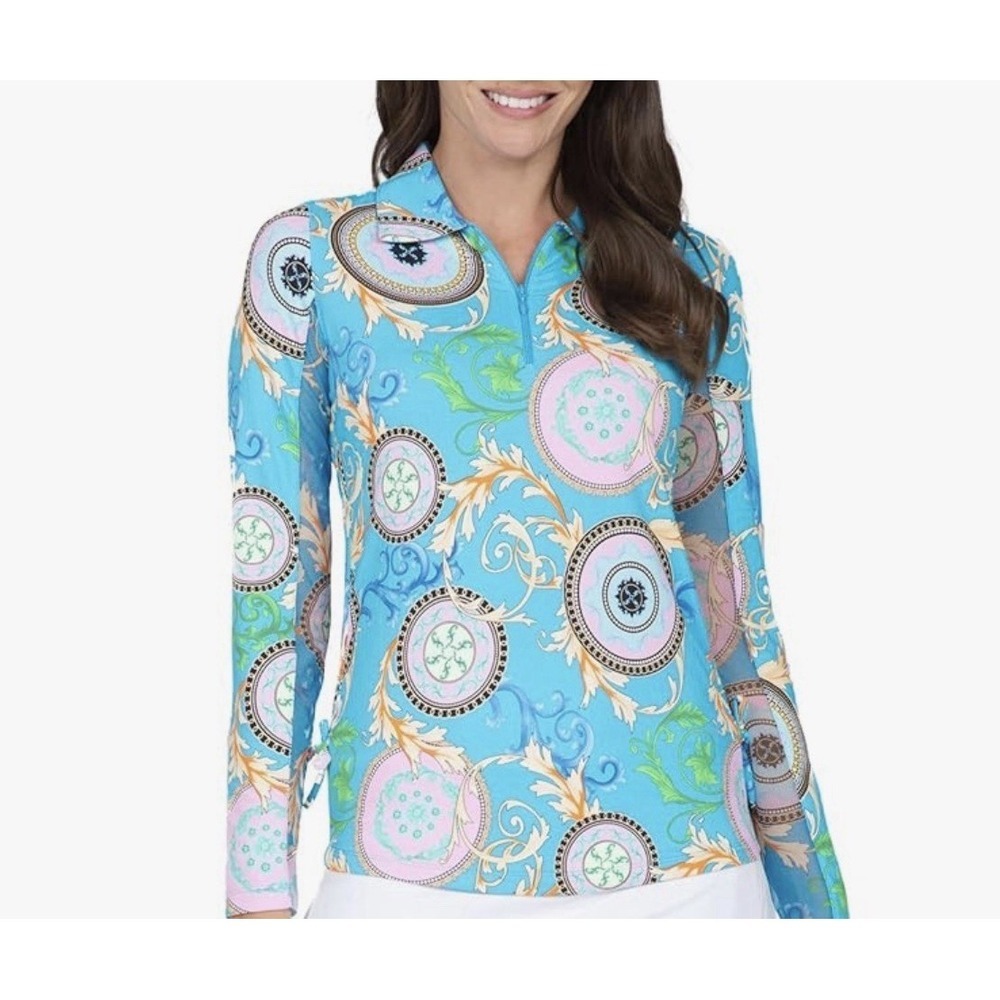 NWT IBKUL Debbie Long Sleeve Sun Shirt Womens XXL Turquoise Athleisure Golf 2X